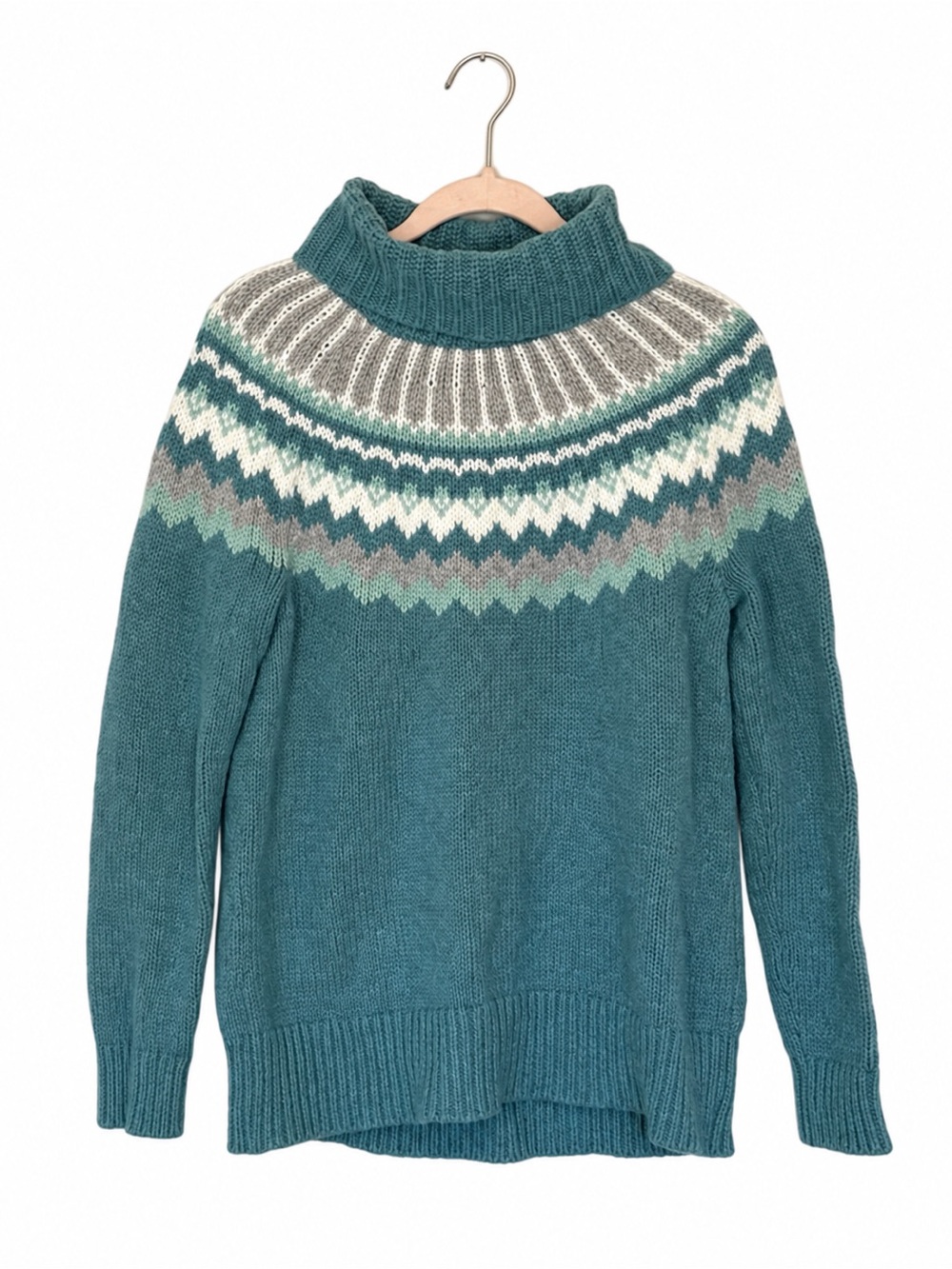 LOFT Fair Isle Wool Blend Sweater M Teal Nordic Cowl Turtleneck Soft Cozy